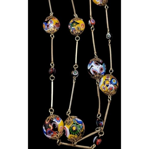 Venetian Murano Millefiori Art Glass Bead Necklace Bar Link Stations 40" Opera - Picture 11 of 16